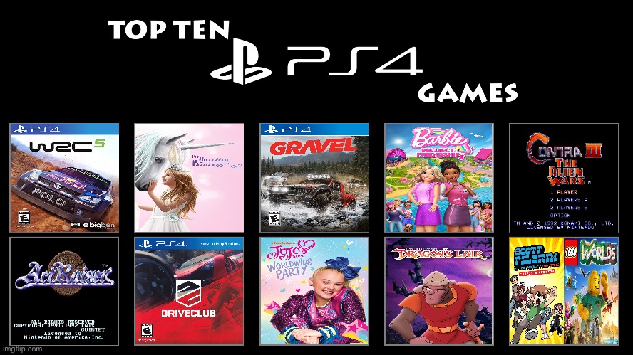 My Top 10 PS4 Games | image tagged in ps4,playstation,barbie,scott pilgrim,jojo siwa,lego | made w/ Imgflip meme maker