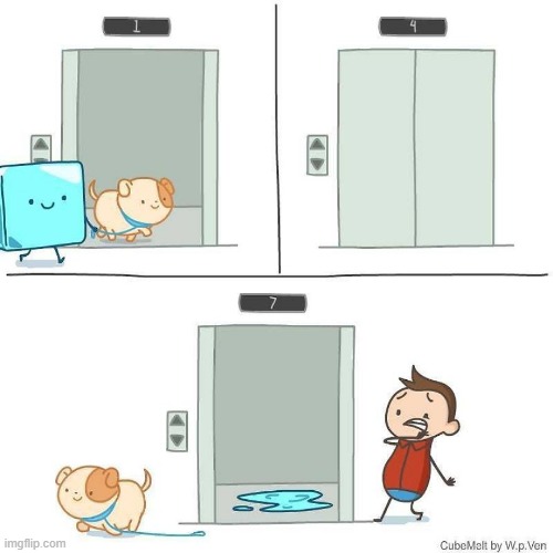 image tagged in ice cube,dog,elevator,melted,pee,lol | made w/ Imgflip meme maker