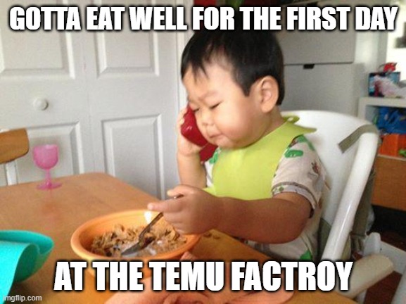 No Bullshit Business Baby | GOTTA EAT WELL FOR THE FIRST DAY; AT THE TEMU FACTROY | image tagged in memes,no bullshit business baby | made w/ Imgflip meme maker