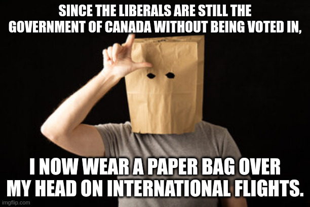 Liberals | SINCE THE LIBERALS ARE STILL THE GOVERNMENT OF CANADA WITHOUT BEING VOTED IN, I NOW WEAR A PAPER BAG OVER MY HEAD ON INTERNATIONAL FLIGHTS. | made w/ Imgflip meme maker