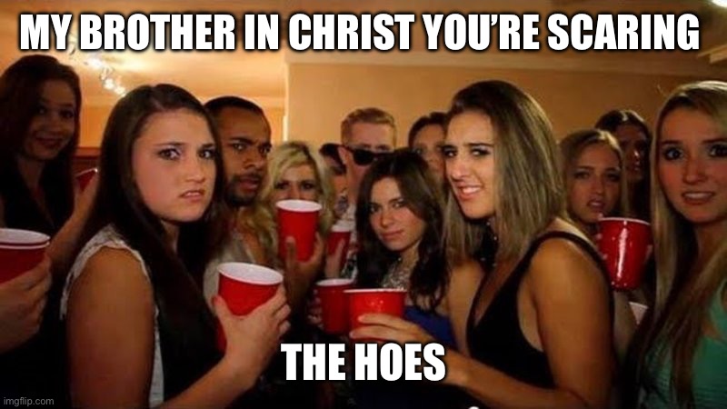 the hoes | MY BROTHER IN CHRIST YOU’RE SCARING; THE HOES | image tagged in the hoes | made w/ Imgflip meme maker