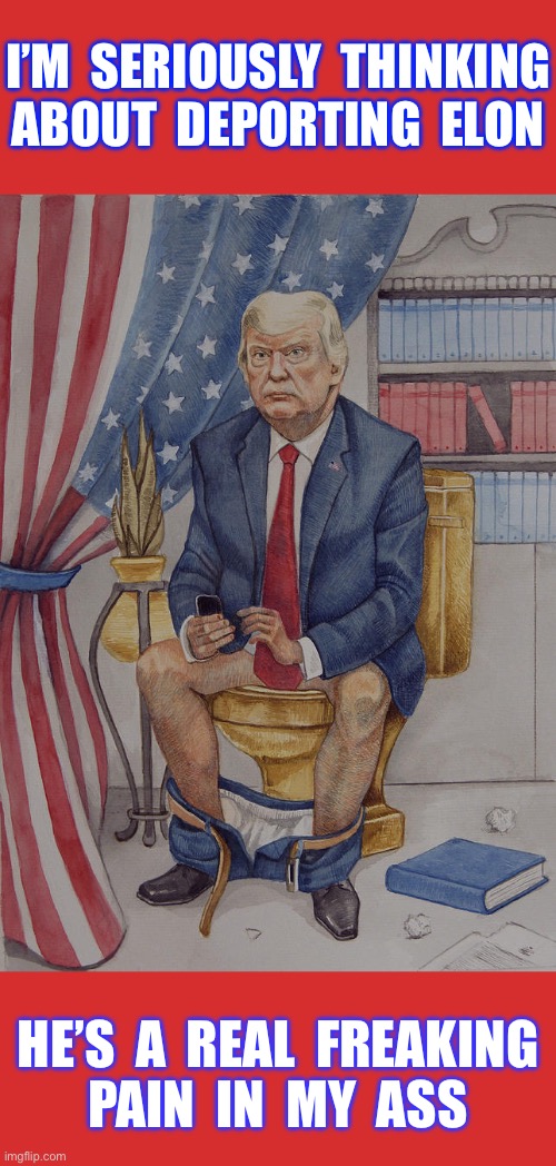 It’s Interesting How Quickly Shit Gets Started In D.C.  !!!  : ) | I’M  SERIOUSLY  THINKING
ABOUT  DEPORTING  ELON; HE’S  A  REAL  FREAKING 
PAIN  IN  MY  ASS | image tagged in donald trump toilet twitter | made w/ Imgflip meme maker