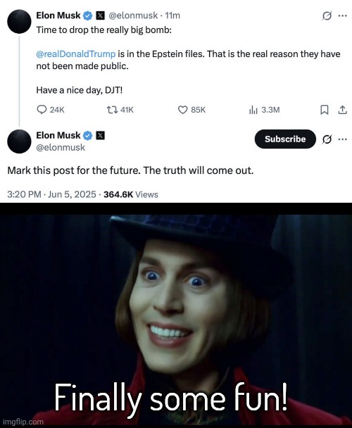 Let's grab some popcorn mein Fascist Folkx this gonna be fun! | Finally some fun! | image tagged in donald trump,trump,elon musk,republicans,politics,epstein | made w/ Imgflip meme maker