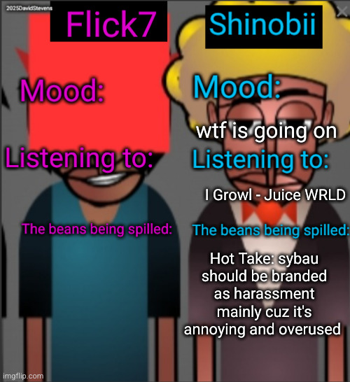 if you say sybau in the comments u a gay mf who supports pedophelia | wtf is going on; I Growl - Juice WRLD; Hot Take: sybau should be branded as harassment mainly cuz it's annoying and overused | image tagged in shinobii and flick7 announcement temp | made w/ Imgflip meme maker