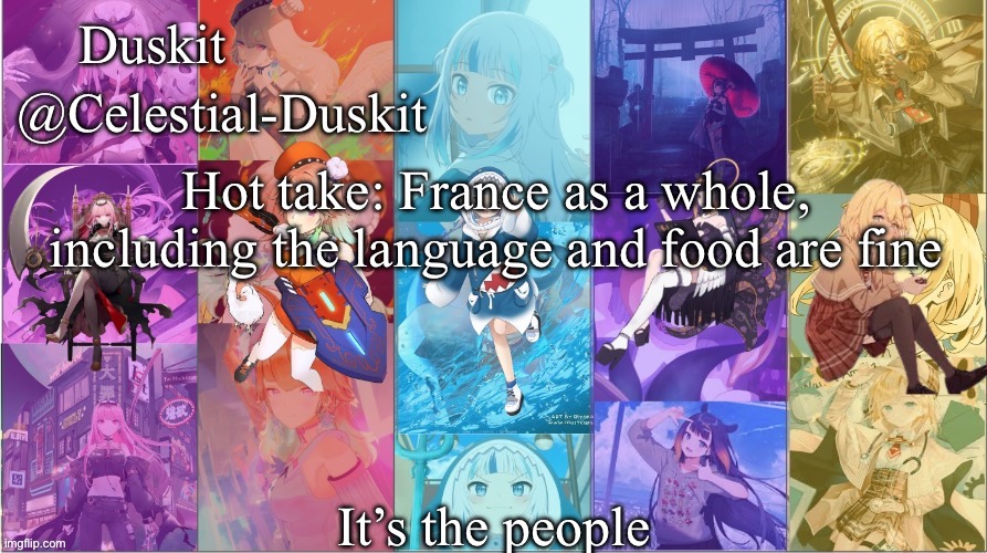 Duskit’s Myth temp | Hot take: France as a whole, including the language and food are fine; It’s the people | image tagged in duskit s myth temp | made w/ Imgflip meme maker
