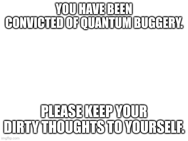 Quantum what? | YOU HAVE BEEN CONVICTED OF QUANTUM BUGGERY. PLEASE KEEP YOUR DIRTY THOUGHTS TO YOURSELF. | image tagged in blank white template | made w/ Imgflip meme maker