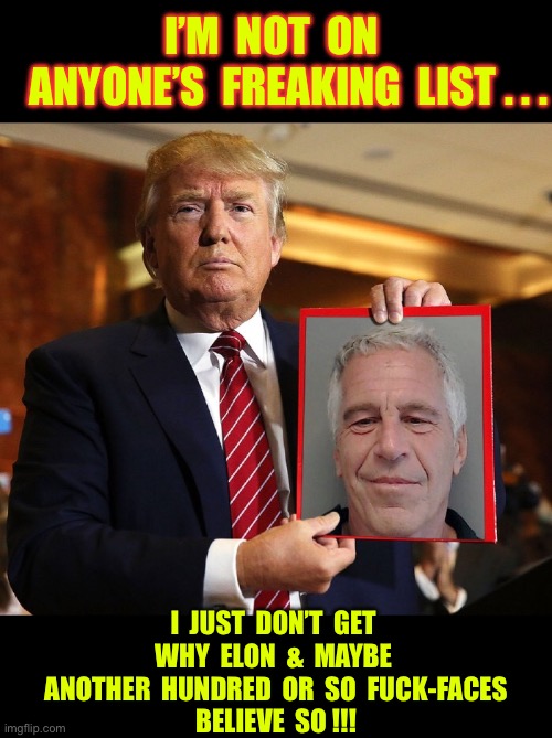 I’M BUYING THAT … BECAUSE I AM NOT A DUMMY or A SHEEP !!!  : ) | I’M  NOT  ON 
   ANYONE’S  FREAKING  LIST . . . I  JUST  DON’T  GET 
WHY  ELON  &  MAYBE 
ANOTHER  HUNDRED  OR  SO  FUCK-FACES
BELIEVE  SO !!! | image tagged in jeffrey epstein | made w/ Imgflip meme maker