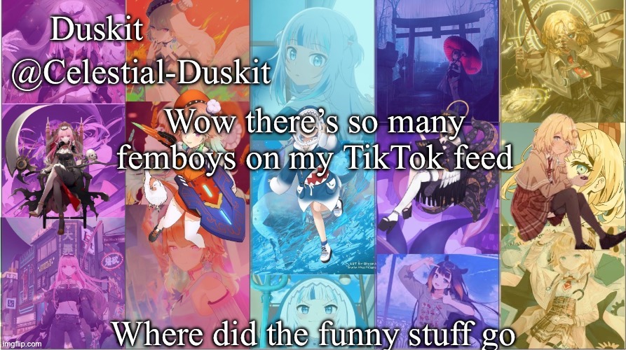 The world is changing | Wow there’s so many femboys on my TikTok feed; Where did the funny stuff go | image tagged in duskit s myth temp | made w/ Imgflip meme maker