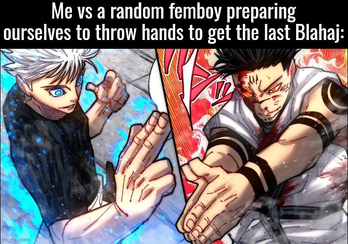 gojo vs sukuna | Me vs a random femboy preparing ourselves to throw hands to get the last Blahaj: | image tagged in gojo vs sukuna | made w/ Imgflip meme maker