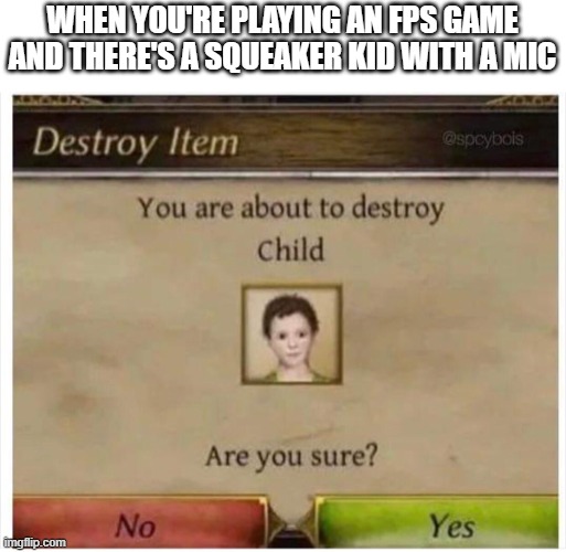 You are about to destroy Child | WHEN YOU'RE PLAYING AN FPS GAME AND THERE'S A SQUEAKER KID WITH A MIC | image tagged in you are about to destroy child,memes,funny | made w/ Imgflip meme maker