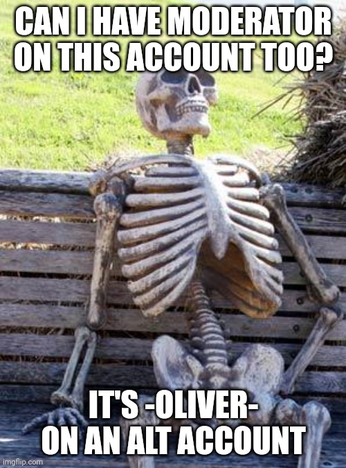 Please | CAN I HAVE MODERATOR ON THIS ACCOUNT TOO? IT'S -OLIVER- ON AN ALT ACCOUNT | image tagged in memes,waiting skeleton | made w/ Imgflip meme maker