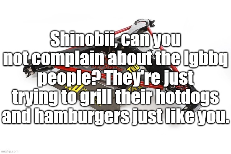 Son of Whyachi | Shinobii, can you not complain about the lgbbq people? They're just trying to grill their hotdogs and hamburgers just like you. | image tagged in son of whyachi | made w/ Imgflip meme maker