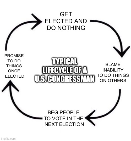 How it goes basically every time | GET ELECTED AND DO NOTHING; TYPICAL LIFECYCLE OF A U.S. CONGRESSMAN; PROMISE 
TO DO 
THINGS 
ONCE 
ELECTED; BLAME INABILITY TO DO THINGS ON OTHERS; BEG PEOPLE 
TO VOTE IN THE 
NEXT ELECTION | image tagged in the circle of life,politicians,politics,election | made w/ Imgflip meme maker