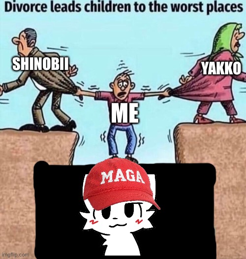 Divorce leads children to the worst places | YAKKO; SHINOBII; ME | image tagged in divorce leads children to the worst places | made w/ Imgflip meme maker