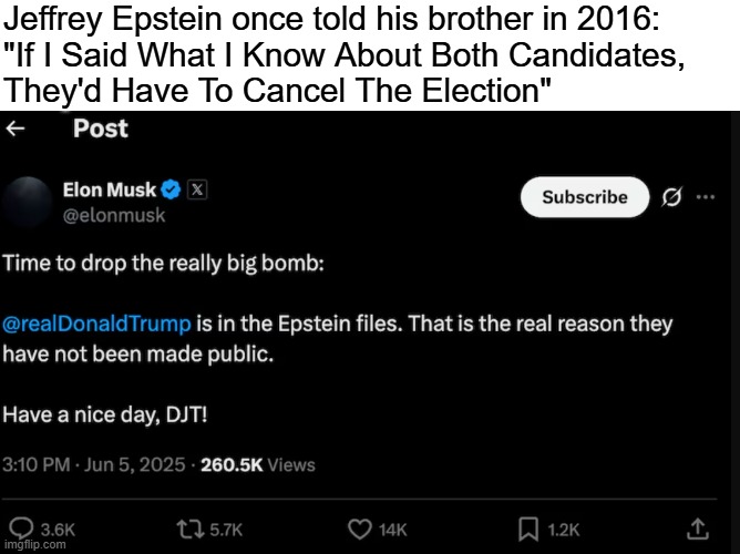 We already knew this about Trump and Epstein, Elon | Jeffrey Epstein once told his brother in 2016:
"If I Said What I Know About Both Candidates,
They'd Have To Cancel The Election" | image tagged in elon musk,donald trump,pedophile,jeffrey epstein,epstein files,twitter | made w/ Imgflip meme maker