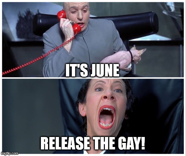 Dr Evil and Frau Yelling | IT'S JUNE RELEASE THE GAY! | image tagged in dr evil and frau yelling | made w/ Imgflip meme maker