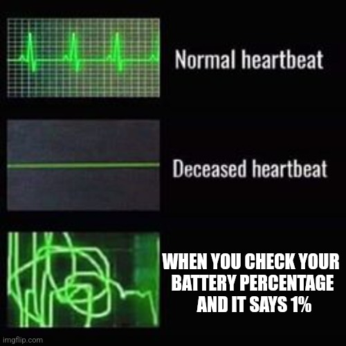 Real | WHEN YOU CHECK YOUR 
BATTERY PERCENTAGE
 AND IT SAYS 1% | image tagged in heartbeat rate | made w/ Imgflip meme maker