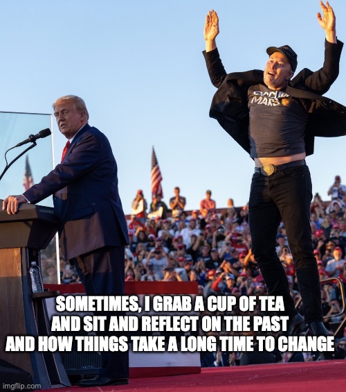 Trump and Jumping Elon | SOMETIMES, I GRAB A CUP OF TEA AND SIT AND REFLECT ON THE PAST AND HOW THINGS TAKE A LONG TIME TO CHANGE | image tagged in trump and jumping elon | made w/ Imgflip meme maker