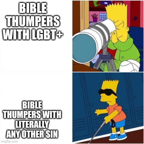 Stupid is Stupid, I don't play Favorites | BIBLE THUMPERS WITH LGBT+; BIBLE THUMPERS WITH LITERALLY ANY OTHER SIN | image tagged in blind bart telescope binoculars searching | made w/ Imgflip meme maker