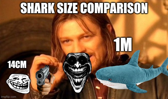 Shark size comparison | SHARK SIZE COMPARISON; 1M; 14CM | image tagged in memes,one does not simply,shark,comparison | made w/ Imgflip meme maker
