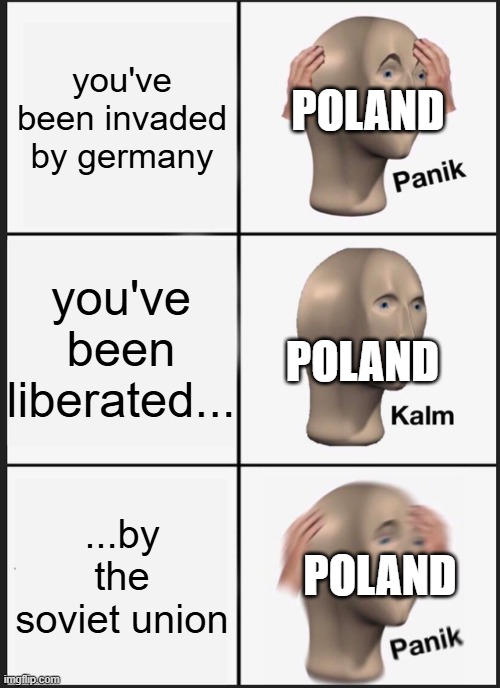 history meme go brrrrr | you've been invaded by germany; POLAND; you've been liberated... POLAND; ...by the soviet union; POLAND | image tagged in memes,panik kalm panik | made w/ Imgflip meme maker