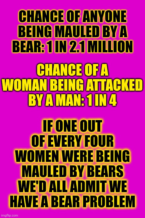 We're Doing It Wrong | CHANCE OF ANYONE BEING MAULED BY A BEAR: 1 IN 2.1 MILLION; CHANCE OF A WOMAN BEING ATTACKED BY A MAN: 1 IN 4; IF ONE OUT OF EVERY FOUR WOMEN WERE BEING MAULED BY BEARS WE'D ALL ADMIT WE HAVE A BEAR PROBLEM | image tagged in memes,violence against women,domestic abuse,rape,spousal abuse,we're doing it wrong | made w/ Imgflip meme maker