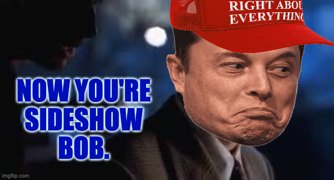 Sideshow Elon. | NOW YOU'RE
SIDESHOW
BOB. | image tagged in memes,elon,sideshow bob | made w/ Imgflip meme maker