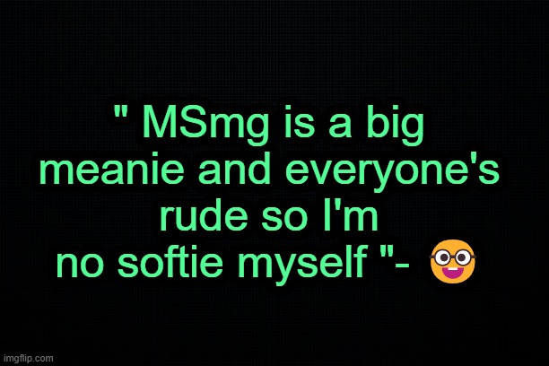 . | " MSmg is a big meanie and everyone's rude so I'm no softie myself "- 🤓 | image tagged in the black | made w/ Imgflip meme maker