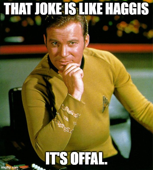 captain kirk | THAT JOKE IS LIKE HAGGIS IT'S OFFAL. | image tagged in captain kirk | made w/ Imgflip meme maker