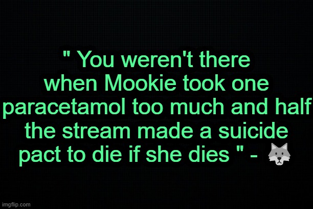 . | " You weren't there when Mookie took one paracetamol too much and half the stream made a suicide pact to die if she dies " - 🐺 | image tagged in the black | made w/ Imgflip meme maker