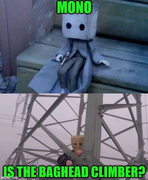 Mono is the Baghead Climber | MONO; IS THE BAGHEAD CLIMBER? | image tagged in lattice climbing,meme,mono,creepypasta,climbing memes,dark humor | made w/ Imgflip meme maker