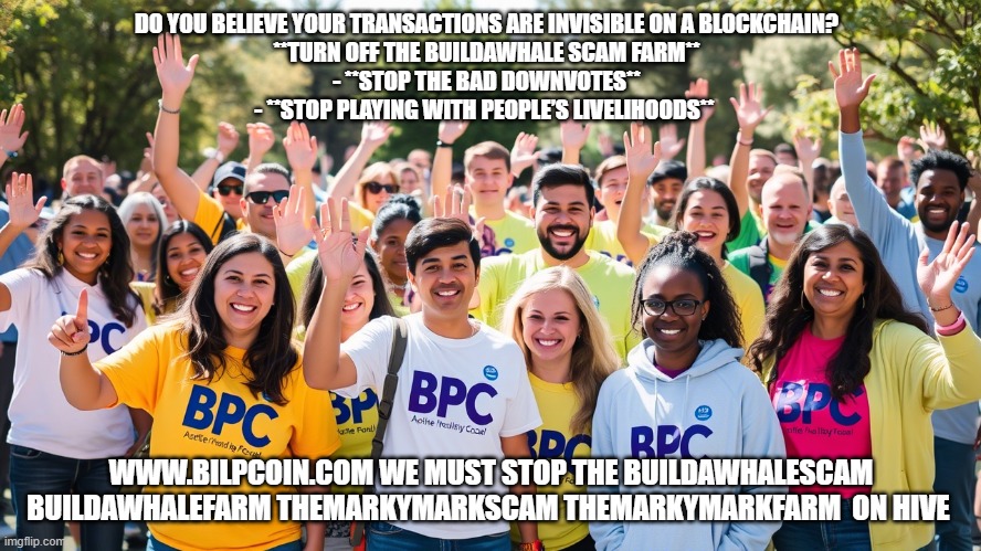 DO YOU BELIEVE YOUR TRANSACTIONS ARE INVISIBLE ON A BLOCKCHAIN?  

**TURN OFF THE BUILDAWHALE SCAM FARM**  
- **STOP THE BAD DOWNVOTES**  
- **STOP PLAYING WITH PEOPLE’S LIVELIHOODS**; WWW.BILPCOIN.COM WE MUST STOP THE BUILDAWHALESCAM BUILDAWHALEFARM THEMARKYMARKSCAM THEMARKYMARKFARM  ON HIVE | made w/ Imgflip meme maker