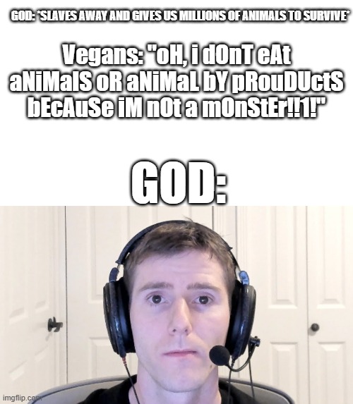 bergor | GOD: *SLAVES AWAY AND GIVES US MILLIONS OF ANIMALS TO SURVIVE*; Vegans: "oH, i dOnT eAt aNiMalS oR aNiMaL bY pRouDUctS bEcAuSe iM nOt a mOnStEr!!1!"; GOD: | image tagged in blank white template,sad linus | made w/ Imgflip meme maker