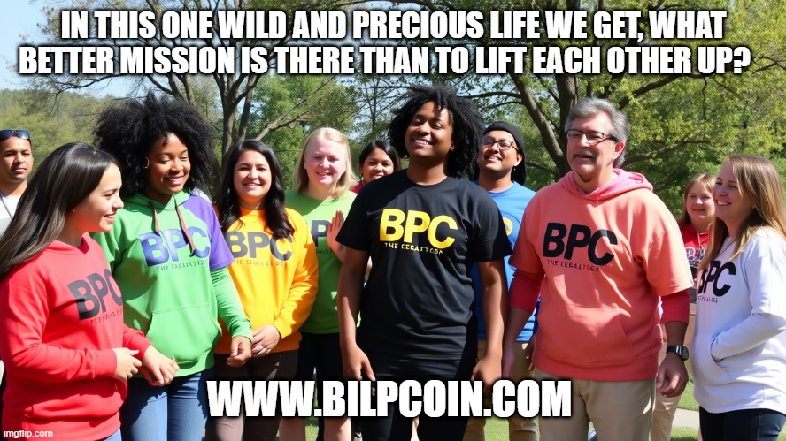IN THIS ONE WILD AND PRECIOUS LIFE WE GET, WHAT BETTER MISSION IS THERE THAN TO LIFT EACH OTHER UP? WWW.BILPCOIN.COM | made w/ Imgflip meme maker