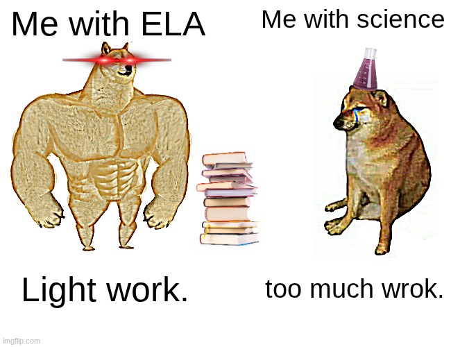 The duality of class | Me with ELA; Me with science; Light work. too much wrok. | image tagged in memes,buff doge vs cheems,middle school,high school,i'm the dumbest man alive | made w/ Imgflip meme maker