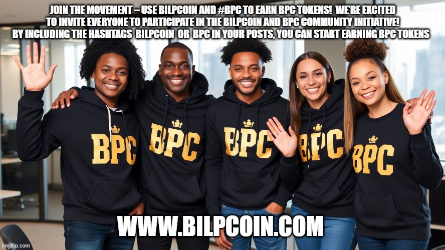 JOIN THE MOVEMENT – USE BILPCOIN AND #BPC TO EARN BPC TOKENS!  WE’RE EXCITED TO INVITE EVERYONE TO PARTICIPATE IN THE BILPCOIN AND BPC COMMUNITY INITIATIVE! BY INCLUDING THE HASHTAGS  BILPCOIN  OR  BPC IN YOUR POSTS, YOU CAN START EARNING BPC TOKENS; WWW.BILPCOIN.COM | made w/ Imgflip meme maker