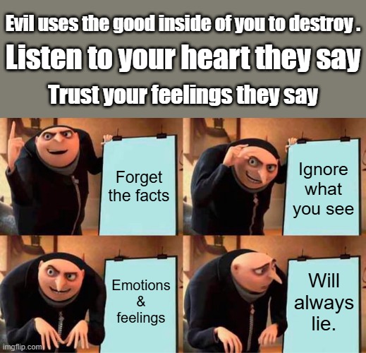 So why did GOD give you a brain ? TRUTH / REASON & LOGIC | Evil uses the good inside of you to destroy . Listen to your heart they say; Trust your feelings they say; Forget the facts; Ignore what you see; Emotions & feelings; Will always lie. | image tagged in memes,gru's plan | made w/ Imgflip meme maker