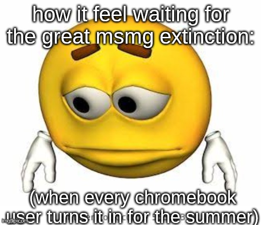 s | how it feel waiting for the great msmg extinction:; (when every chromebook user turns it in for the summer) | image tagged in sad stock emoji | made w/ Imgflip meme maker