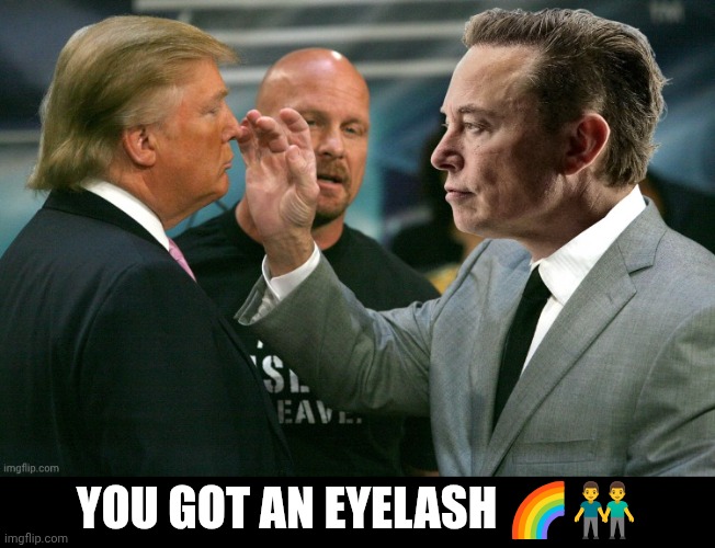 Elon musk talk to the hand Donald Trump | YOU GOT AN EYELASH 🌈👬 | image tagged in elon musk talk to the hand donald trump | made w/ Imgflip meme maker