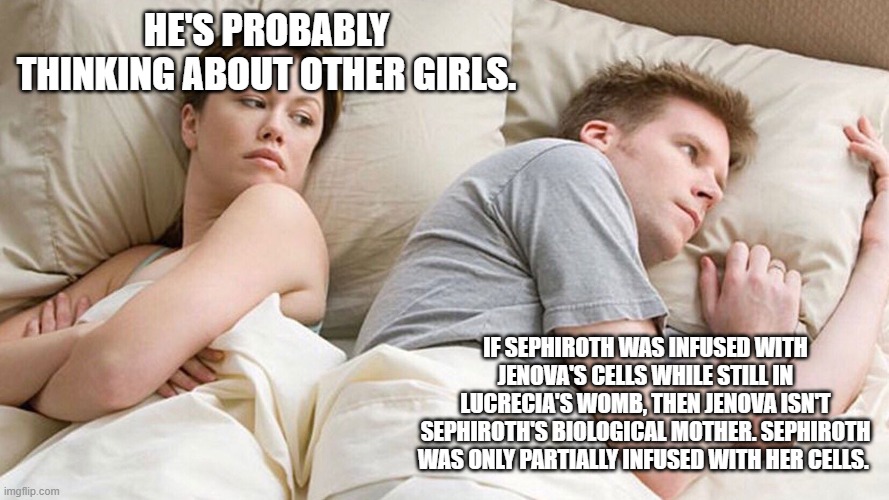 He's probably thinking about girls | HE'S PROBABLY THINKING ABOUT OTHER GIRLS. IF SEPHIROTH WAS INFUSED WITH JENOVA'S CELLS WHILE STILL IN LUCRECIA'S WOMB, THEN JENOVA ISN'T SEPHIROTH'S BIOLOGICAL MOTHER. SEPHIROTH WAS ONLY PARTIALLY INFUSED WITH HER CELLS. | image tagged in he's probably thinking about girls | made w/ Imgflip meme maker