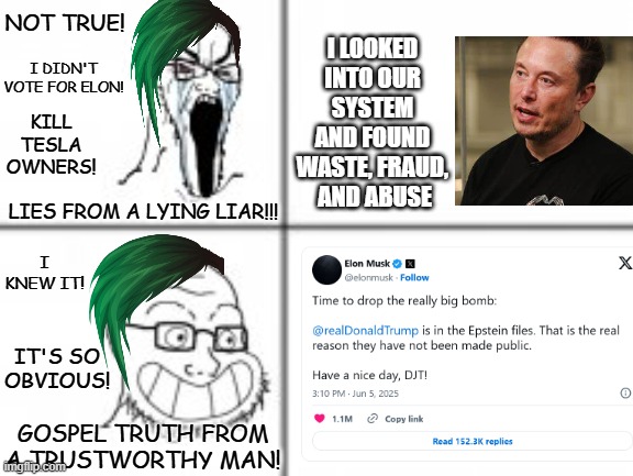 Perfectly consistent as always | I LOOKED INTO OUR SYSTEM AND FOUND WASTE, FRAUD,
 AND ABUSE; NOT TRUE! I DIDN'T VOTE FOR ELON! KILL TESLA OWNERS! LIES FROM A LYING LIAR!!! I KNEW IT! IT'S SO OBVIOUS! GOSPEL TRUTH FROM A TRUSTWORTHY MAN! | image tagged in soy angry then happy,elon musk,donald trump,liberal hypocrisy,maga,democrats | made w/ Imgflip meme maker