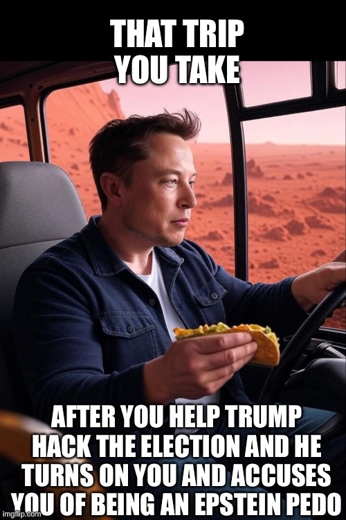Little Rocket Man Sad | THAT TRIP YOU TAKE; AFTER YOU HELP TRUMP HACK THE ELECTION AND HE TURNS ON YOU AND ACCUSES YOU OF BEING AN EPSTEIN PEDO | image tagged in elon musk taco mars | made w/ Imgflip meme maker