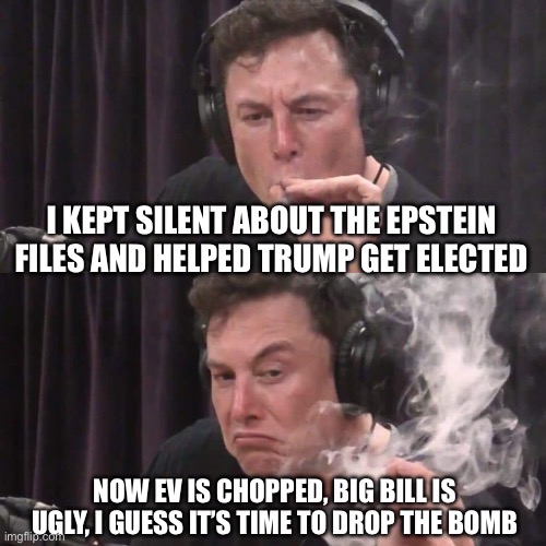 Elon Musk Weed | I KEPT SILENT ABOUT THE EPSTEIN FILES AND HELPED TRUMP GET ELECTED; NOW EV IS CHOPPED, BIG BILL IS UGLY, I GUESS IT’S TIME TO DROP THE BOMB | image tagged in elon musk weed | made w/ Imgflip meme maker