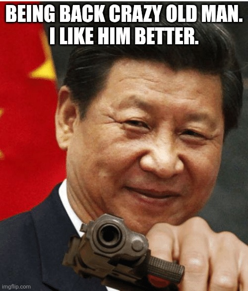 Xi Jinping | BEING BACK CRAZY OLD MAN.
I LIKE HIM BETTER. | image tagged in xi jinping | made w/ Imgflip meme maker