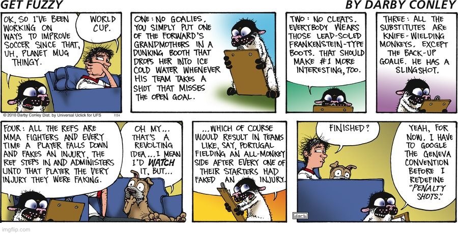 image tagged in comics,get fuzzy,cat and dog,soccer | made w/ Imgflip meme maker