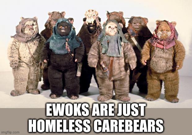 Ewoks Homeless Care Bears | EWOKS ARE JUST HOMELESS CAREBEARS | image tagged in ewoks homeless care bears | made w/ Imgflip meme maker