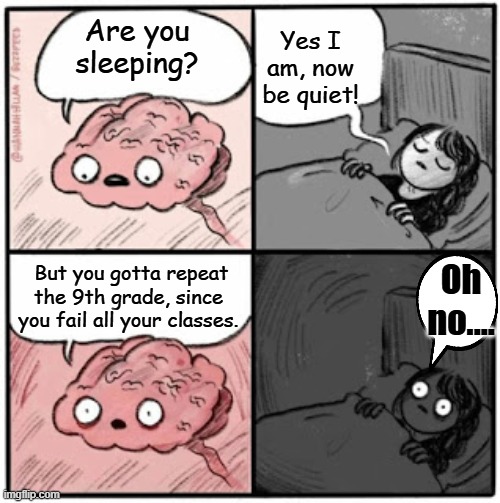 Bruh, This isn't 2nd grade! | Are you sleeping? Yes I am, now be quiet! But you gotta repeat the 9th grade, since you fail all your classes. Oh no.... | image tagged in brain before sleep | made w/ Imgflip meme maker