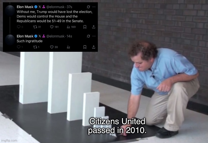 Things that are not a flex: admitting that you bought an election. | Citizens United passed in 2010. | image tagged in domino effect,elon musk,donald trump,citizens united | made w/ Imgflip meme maker