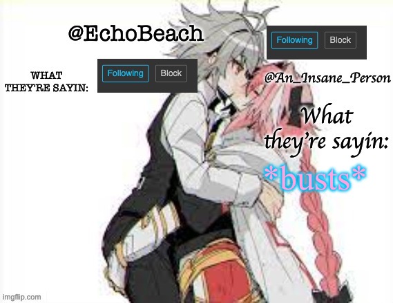 EchoBeach and InsanePerson shared temp :3 | *busts* | image tagged in echobeach and insaneperson shared temp 3 | made w/ Imgflip meme maker