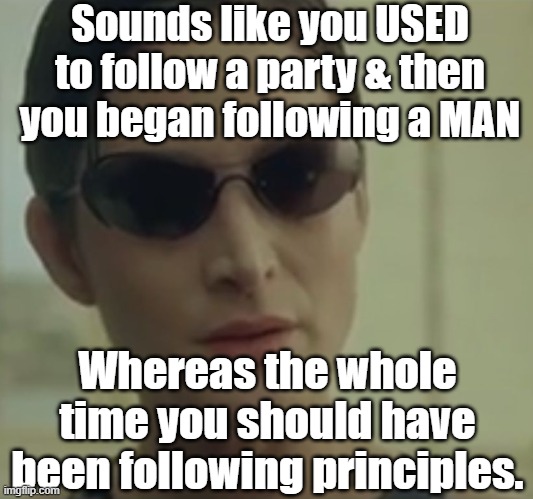 Sounds like you USED to follow a party & then you began following a MAN Whereas the whole time you should have been following principles. | image tagged in trinity matrix | made w/ Imgflip meme maker